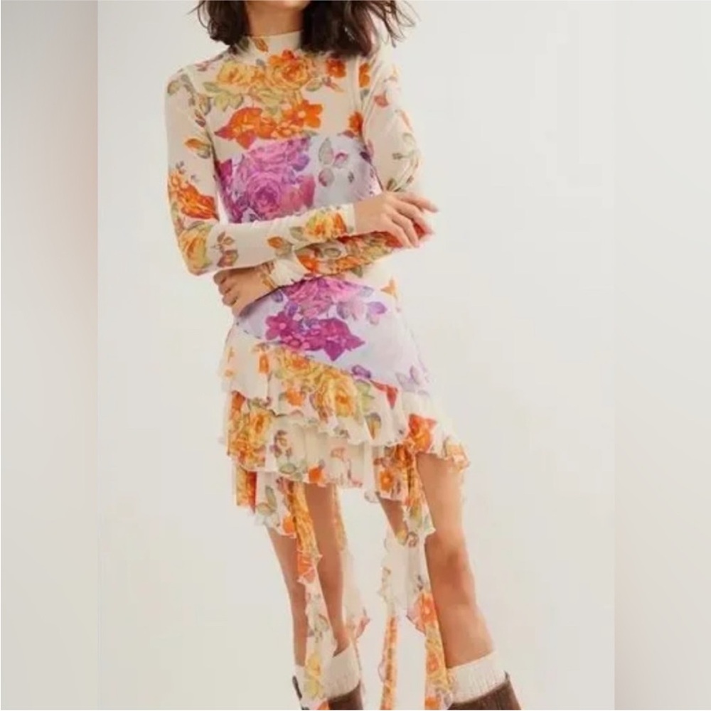🆕 Free People Orange and Purple Asymmetrical Ruffled Dress size small